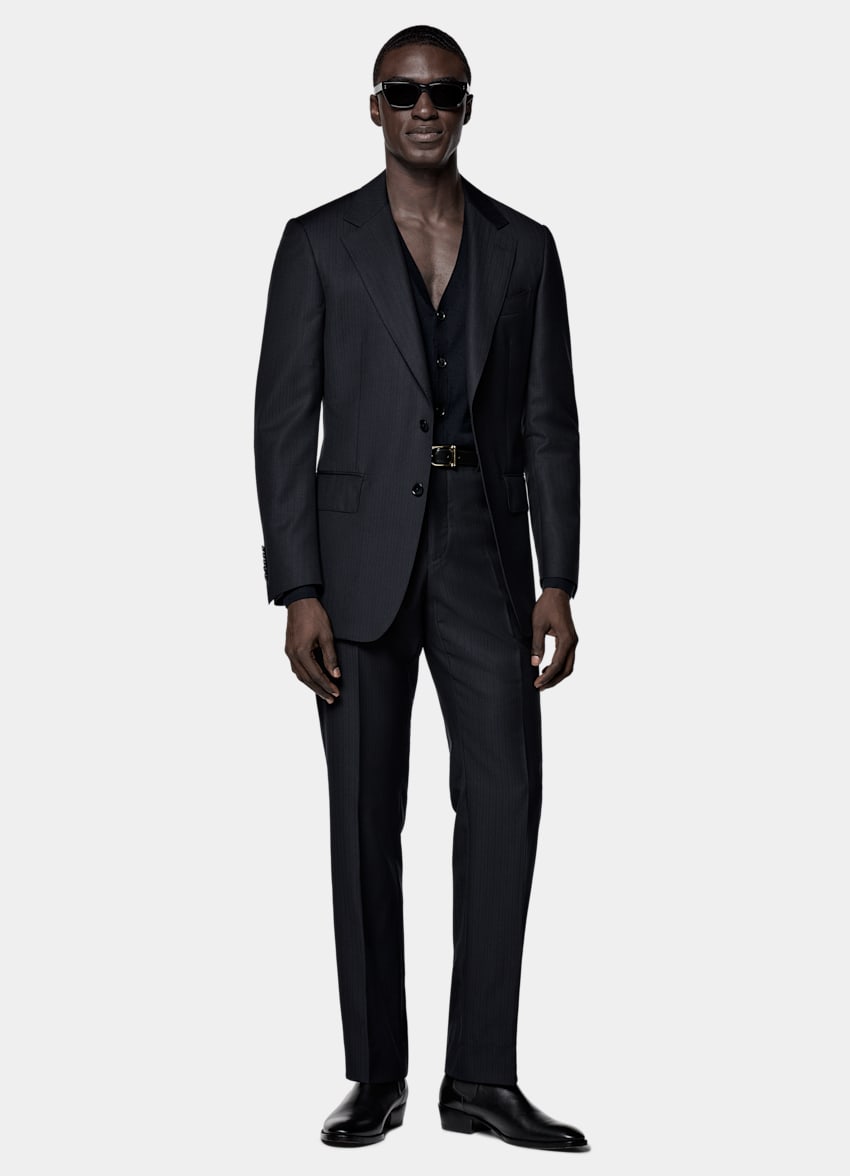 SUITSUPPLY All Season Pure S130's Wool by E.Thomas, Italy Navy Striped Tailored Fit Milano Suit