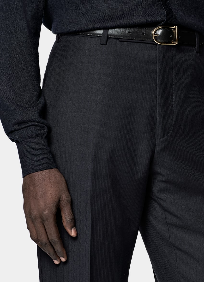 SUITSUPPLY All Season Pure S130's Wool by E.Thomas, Italy Navy Striped Tailored Fit Milano Suit