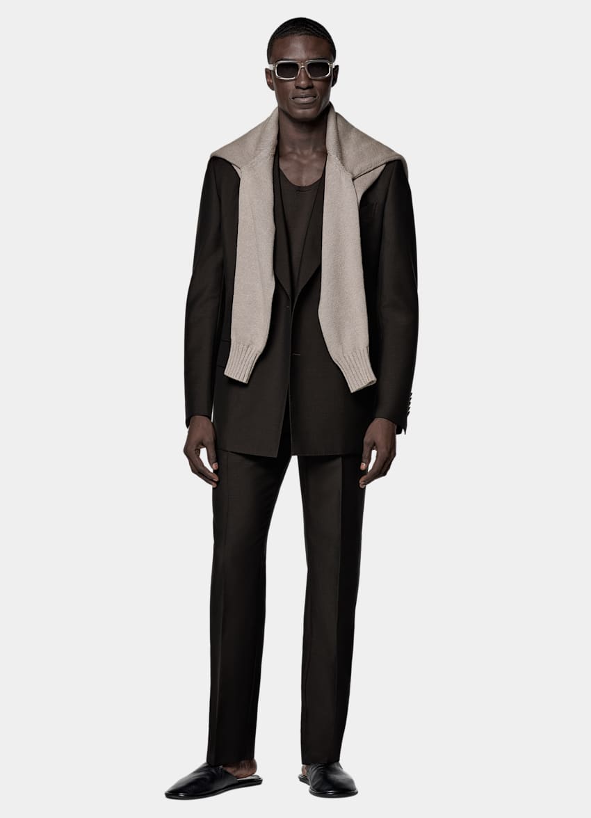 SUITSUPPLY All Season Wool Mohair by Vitale Barberis Canonico, Italy Dark Brown Tailored Fit Milano Suit