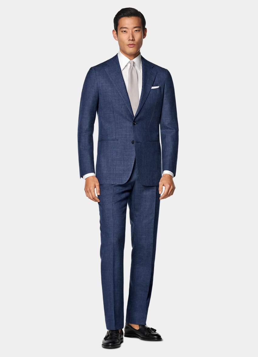 SUITSUPPLY Summer Wool Silk Linen by E.Thomas, Italy Mid Blue Tailored Fit Havana Suit
