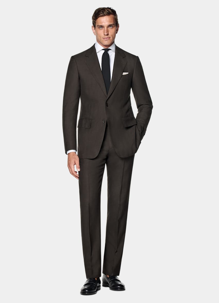 SUITSUPPLY Summer Wool Silk Linen by Rogna, Italy Dark Brown Herringbone Tailored Fit Milano Suit