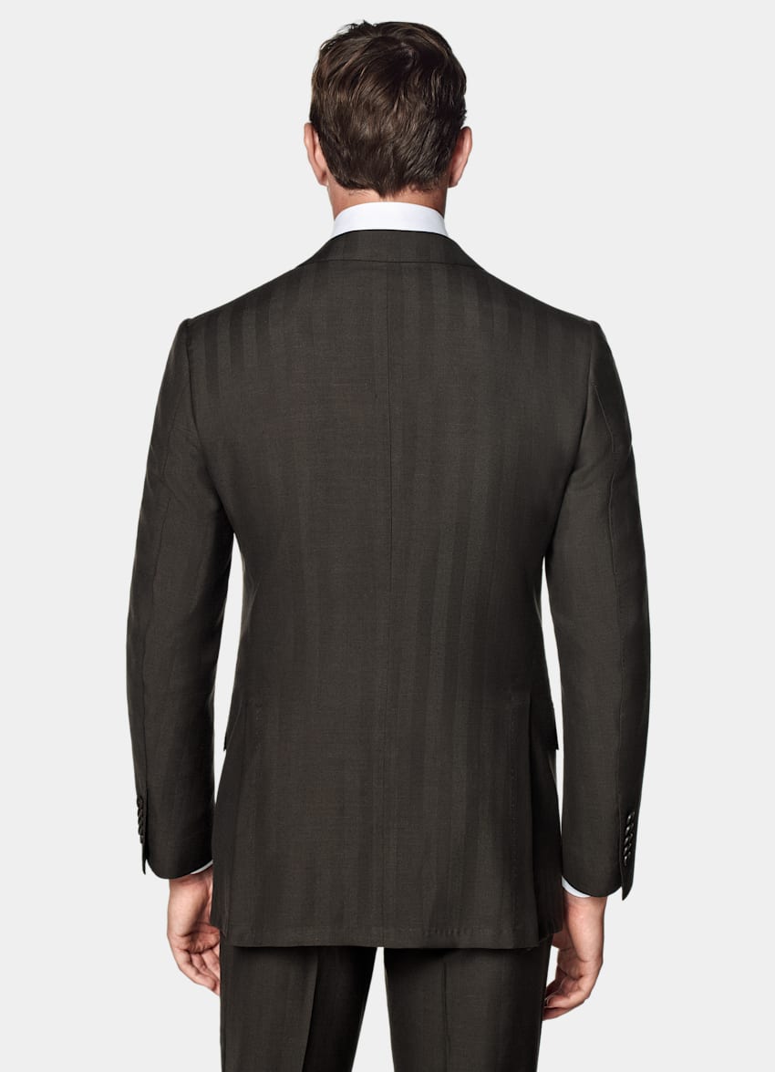 SUITSUPPLY Summer Wool Silk Linen by Rogna, Italy Dark Brown Herringbone Tailored Fit Milano Suit