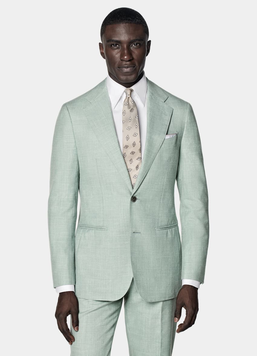SUITSUPPLY Summer Wool Silk Linen by E.Thomas, Italy Light Green Tailored Fit Havana Suit