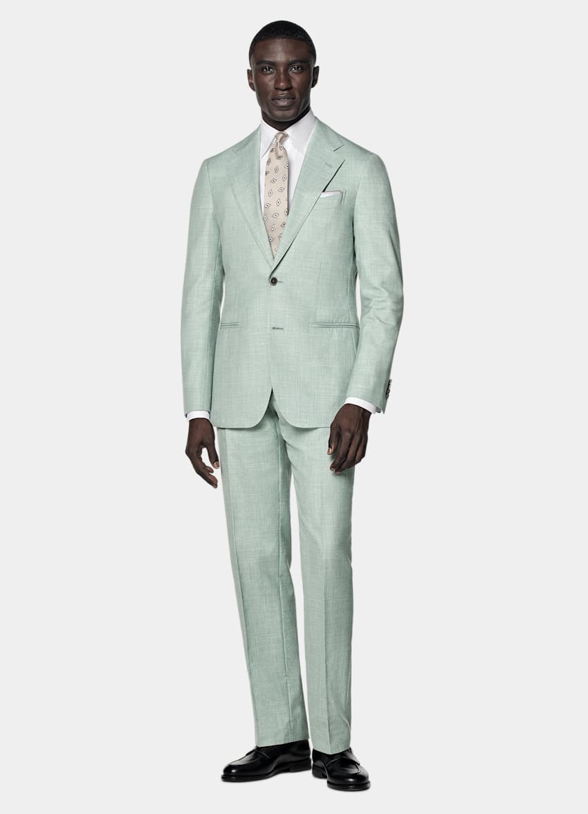 SUITSUPPLY Summer Wool Silk Linen by E.Thomas, Italy Light Green Tailored Fit Havana Suit