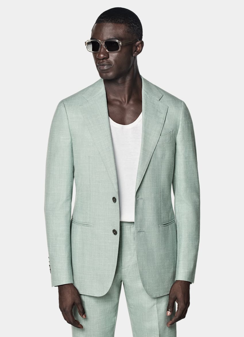 SUITSUPPLY Summer Wool Silk Linen by E.Thomas, Italy Light Green Tailored Fit Havana Suit