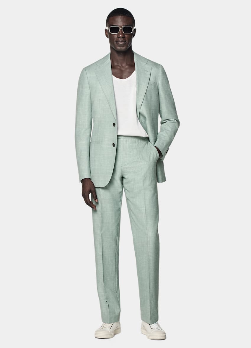 SUITSUPPLY Summer Wool Silk Linen by E.Thomas, Italy Light Green Tailored Fit Havana Suit