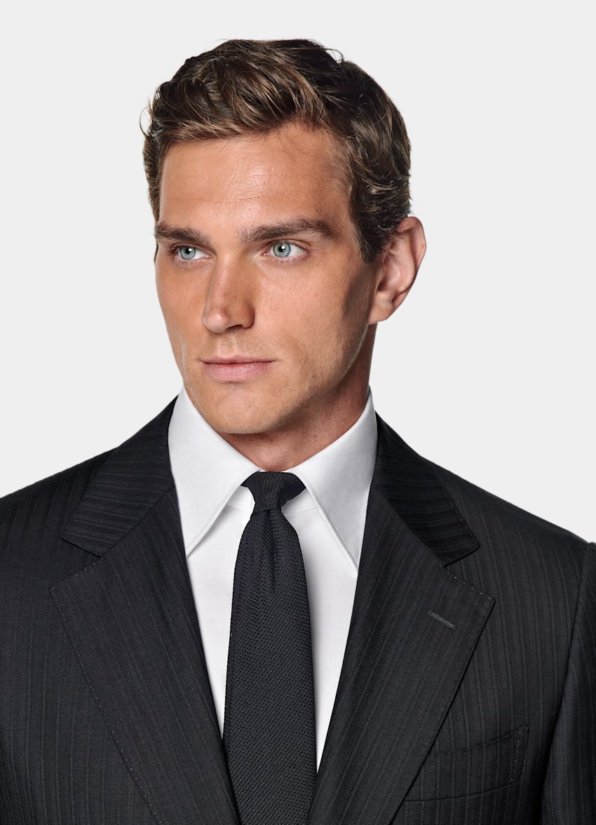SUITSUPPLY All Season Pure S130's Wool by Drago, Italy Navy Striped Tailored Fit Milano Suit