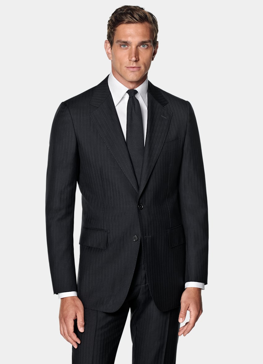 SUITSUPPLY All Season Pure S130's Wool by Drago, Italy Navy Striped Tailored Fit Milano Suit