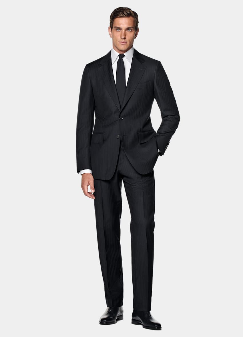 SUITSUPPLY All Season Pure S130's Wool by Drago, Italy Navy Striped Tailored Fit Milano Suit
