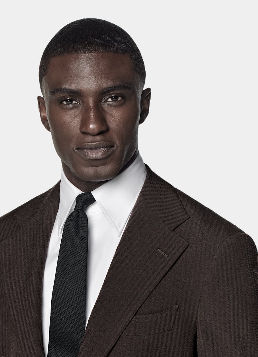 SUITSUPPLY Summer Pure Wool Seersucker by Delfino, Italy Dark Brown Relaxed Fit Roma Suit