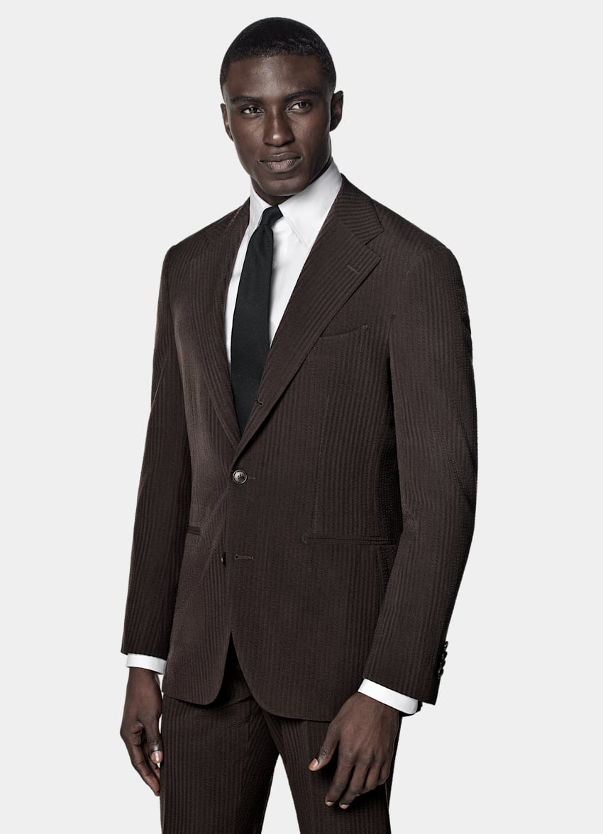 SUITSUPPLY Summer Pure Wool Seersucker by Delfino, Italy Dark Brown Relaxed Fit Roma Suit