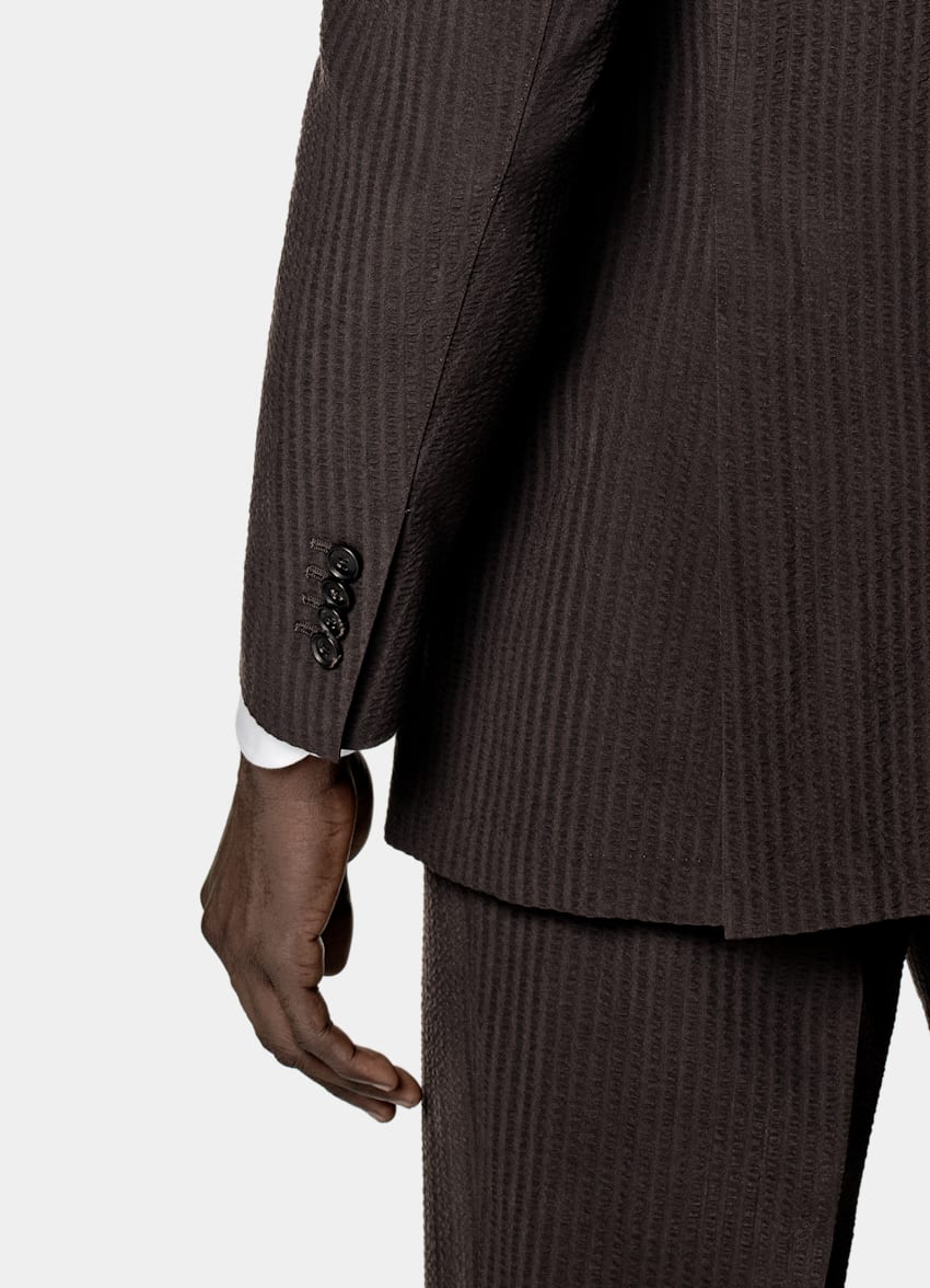 SUITSUPPLY Summer Pure Wool Seersucker by Delfino, Italy Dark Brown Relaxed Fit Roma Suit