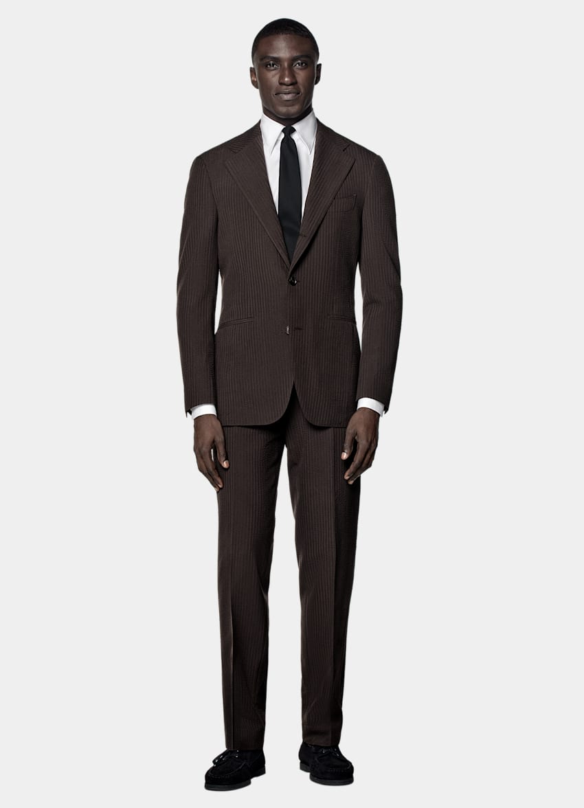 SUITSUPPLY Summer Pure Wool Seersucker by Delfino, Italy Dark Brown Relaxed Fit Roma Suit