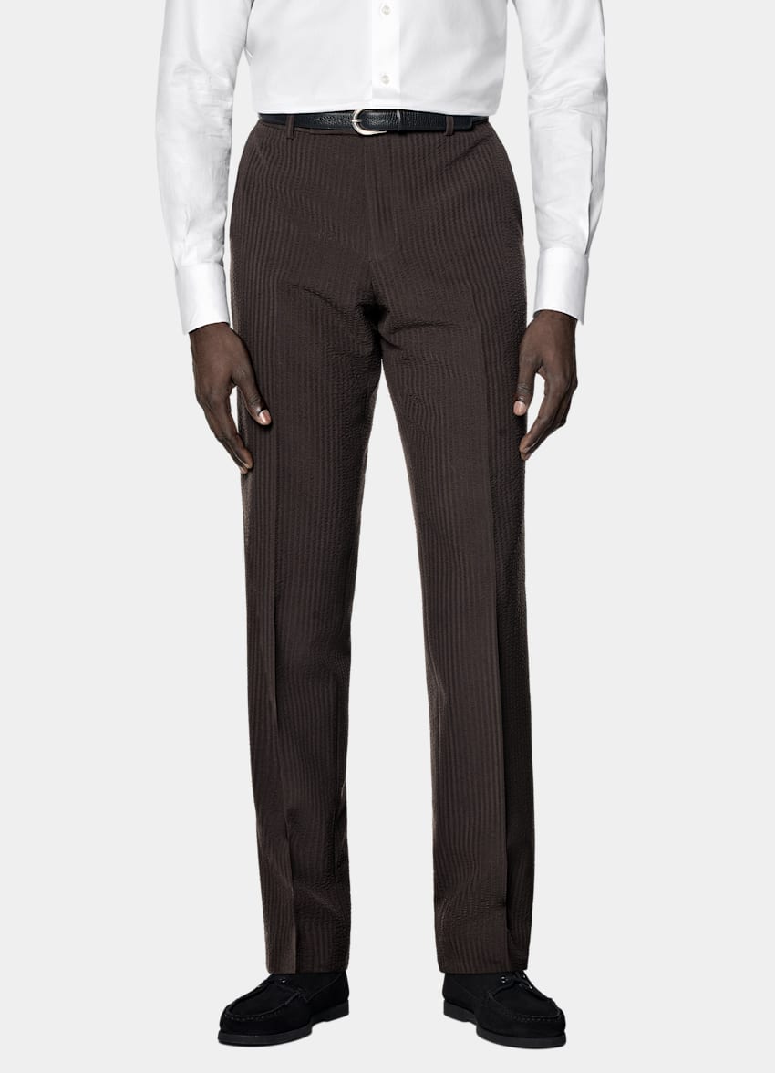 SUITSUPPLY Summer Pure Wool Seersucker by Delfino, Italy Dark Brown Relaxed Fit Roma Suit