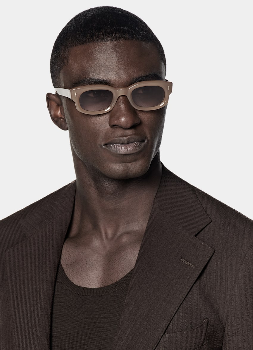 SUITSUPPLY Summer Pure Wool Seersucker by Delfino, Italy Dark Brown Relaxed Fit Roma Suit