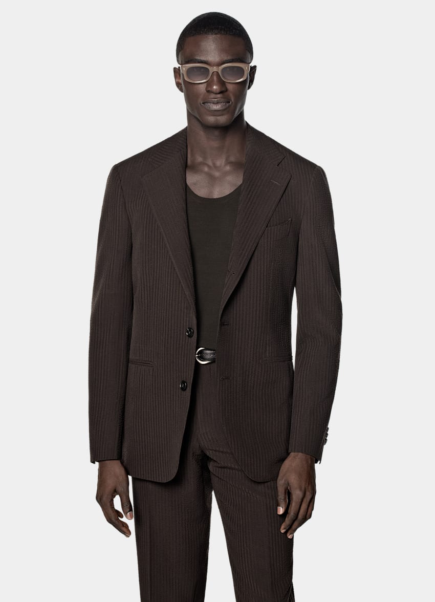 SUITSUPPLY Summer Pure Wool Seersucker by Delfino, Italy Dark Brown Relaxed Fit Roma Suit