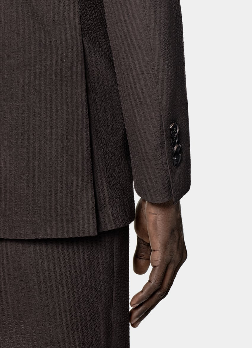 SUITSUPPLY Summer Pure Wool Seersucker by Delfino, Italy Dark Brown Relaxed Fit Roma Suit
