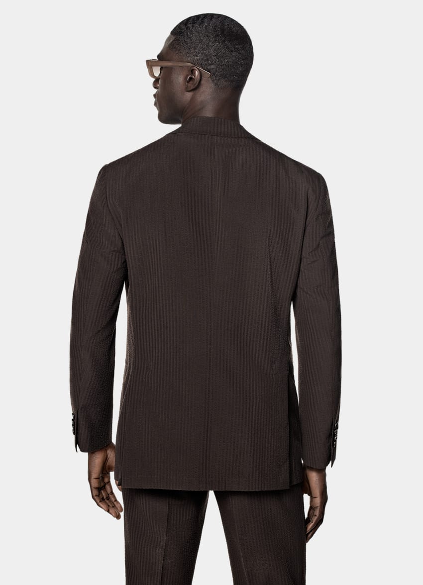 SUITSUPPLY Summer Pure Wool Seersucker by Delfino, Italy Dark Brown Relaxed Fit Roma Suit