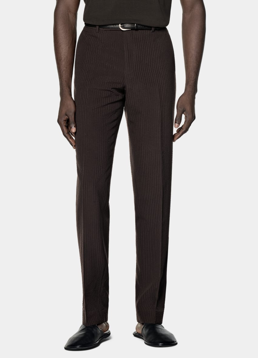 SUITSUPPLY Summer Pure Wool Seersucker by Delfino, Italy Dark Brown Relaxed Fit Roma Suit