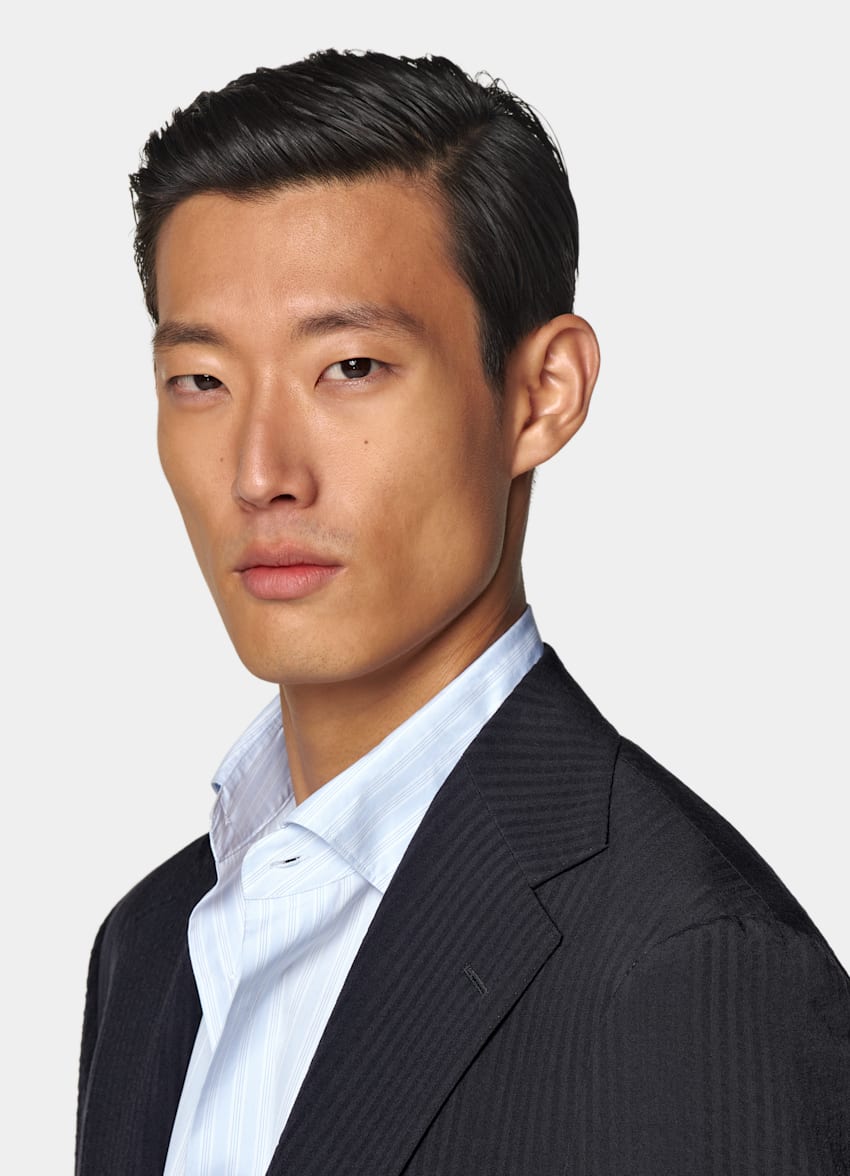 SUITSUPPLY Summer Pure Wool Seersucker by Delfino, Italy Navy Relaxed Fit Roma Suit