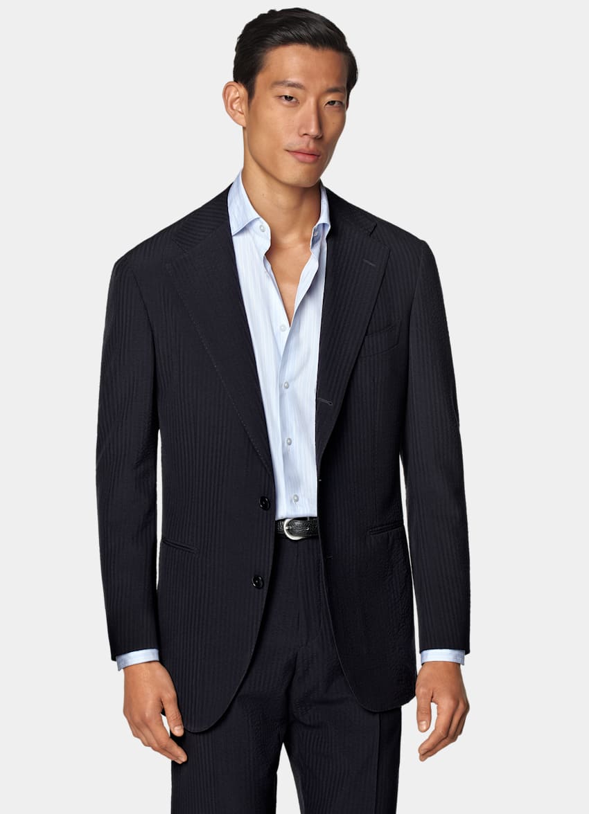 SUITSUPPLY Summer Pure Wool Seersucker by Delfino, Italy Navy Relaxed Fit Roma Suit