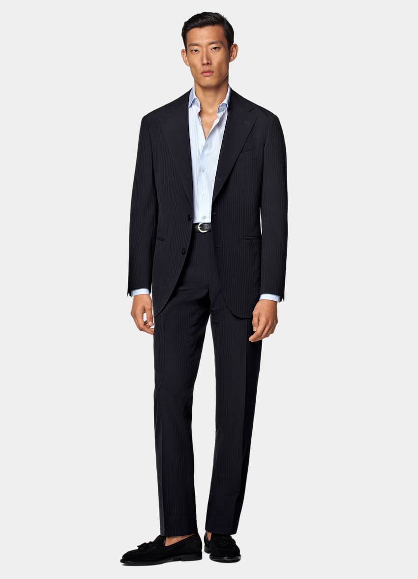 SUITSUPPLY Summer Pure Wool Seersucker by Delfino, Italy Navy Relaxed Fit Roma Suit