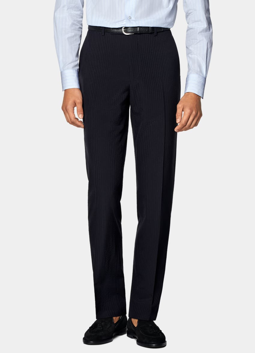 SUITSUPPLY Summer Pure Wool Seersucker by Delfino, Italy Navy Relaxed Fit Roma Suit
