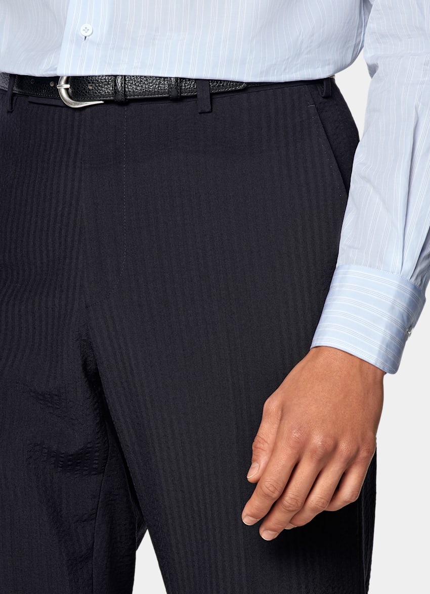 SUITSUPPLY Summer Pure Wool Seersucker by Delfino, Italy Navy Relaxed Fit Roma Suit