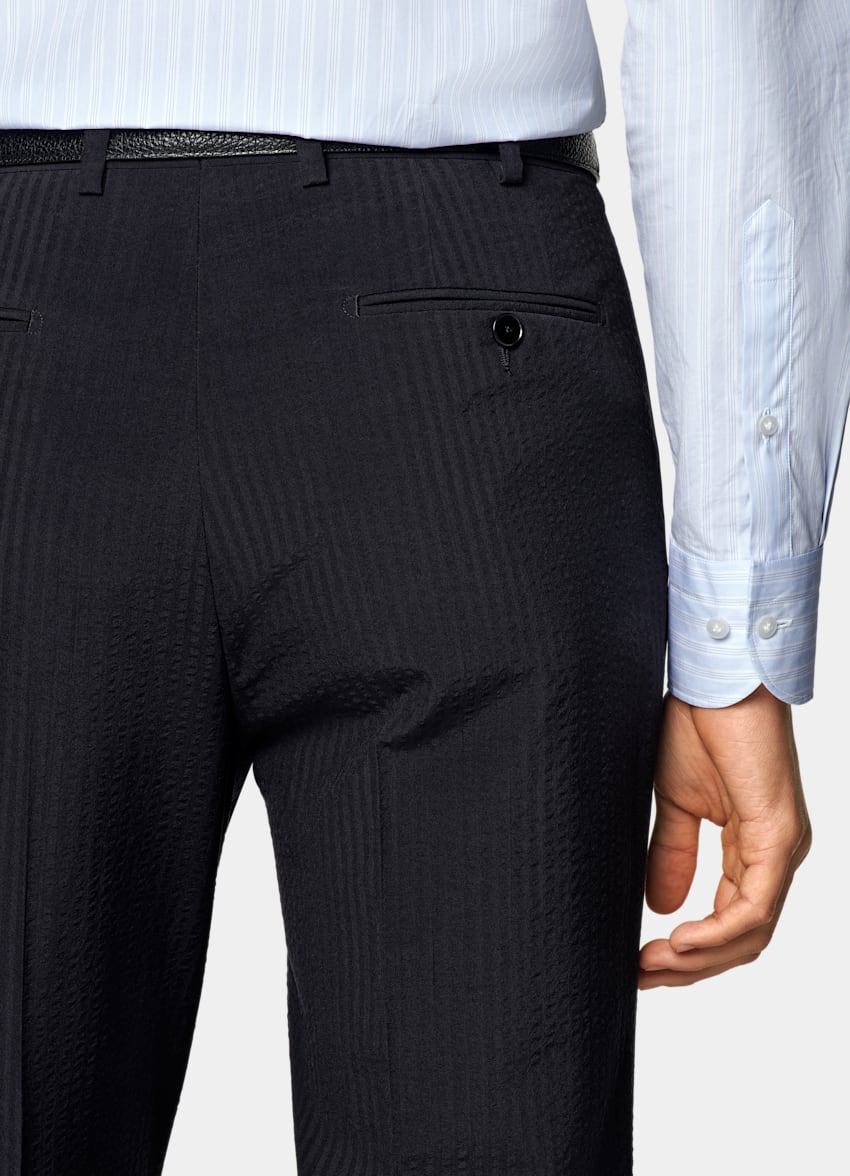 SUITSUPPLY Summer Pure Wool Seersucker by Delfino, Italy Navy Relaxed Fit Roma Suit