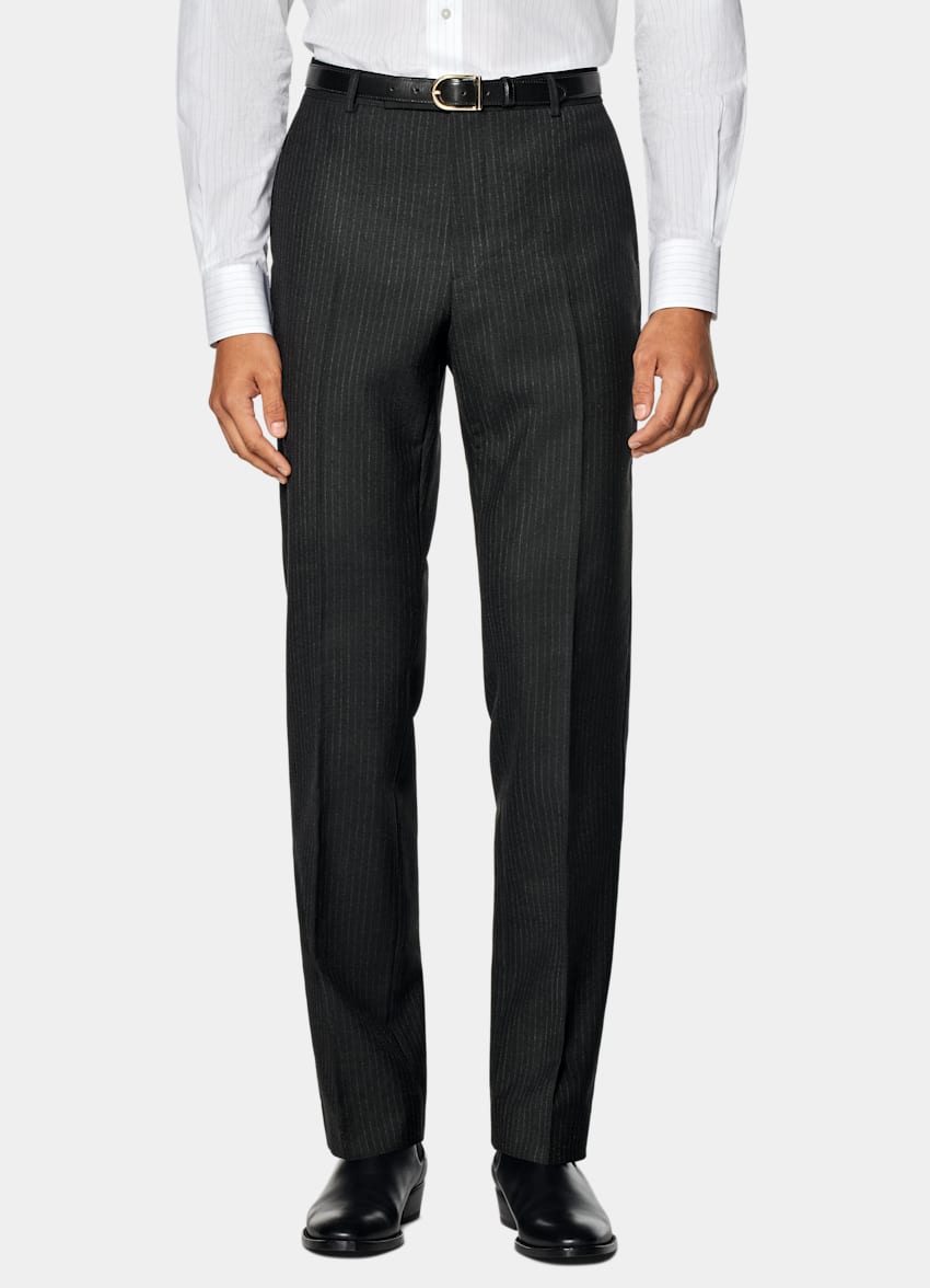 SUITSUPPLY All Season Pure Wool by Marling & Evans, United Kingdom Black Striped Tailored Fit Milano Suit