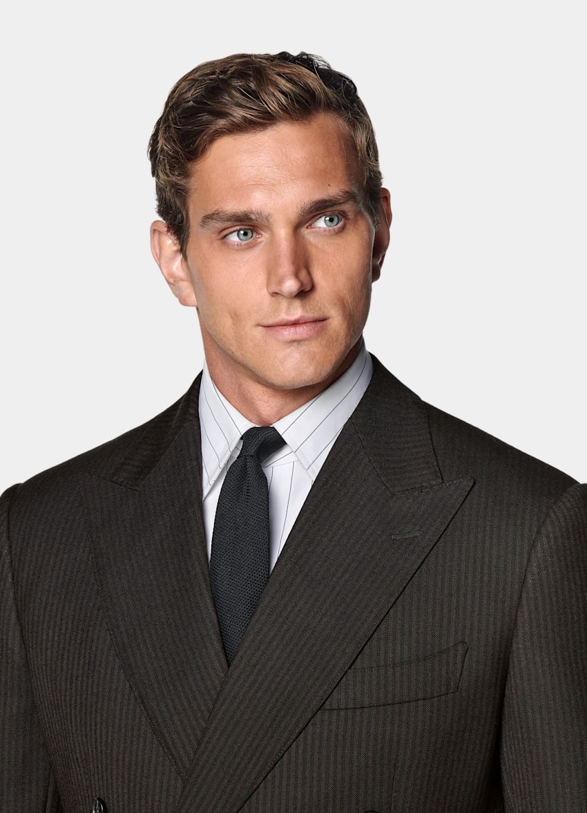 SUITSUPPLY All Season Pure Wool by Marling & Evans, United Kingdom Black Striped Tailored Fit Milano Suit
