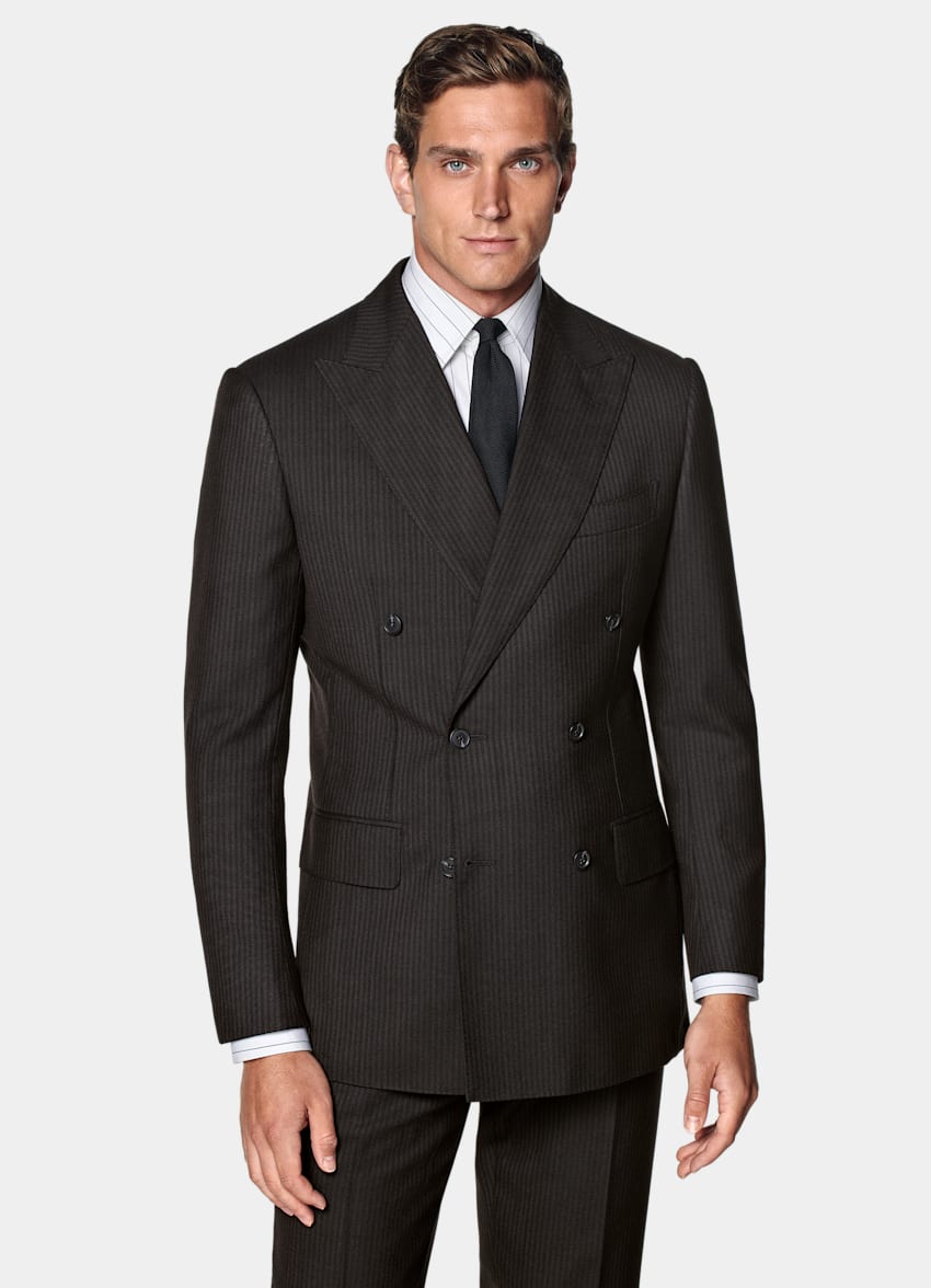 SUITSUPPLY All Season Pure Wool by Marling & Evans, United Kingdom Black Striped Tailored Fit Milano Suit