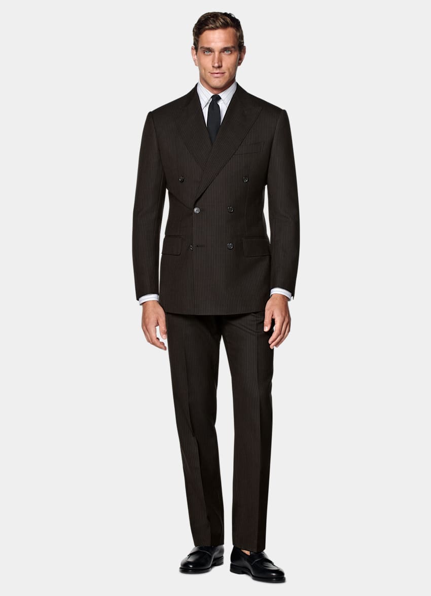 SUITSUPPLY All Season Pure Wool by Marling & Evans, United Kingdom Black Striped Tailored Fit Milano Suit