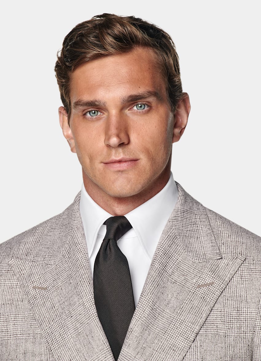 SUITSUPPLY Summer Linen Polyamide by Ferla, Italy Light Taupe Checked Tailored Fit Havana Suit