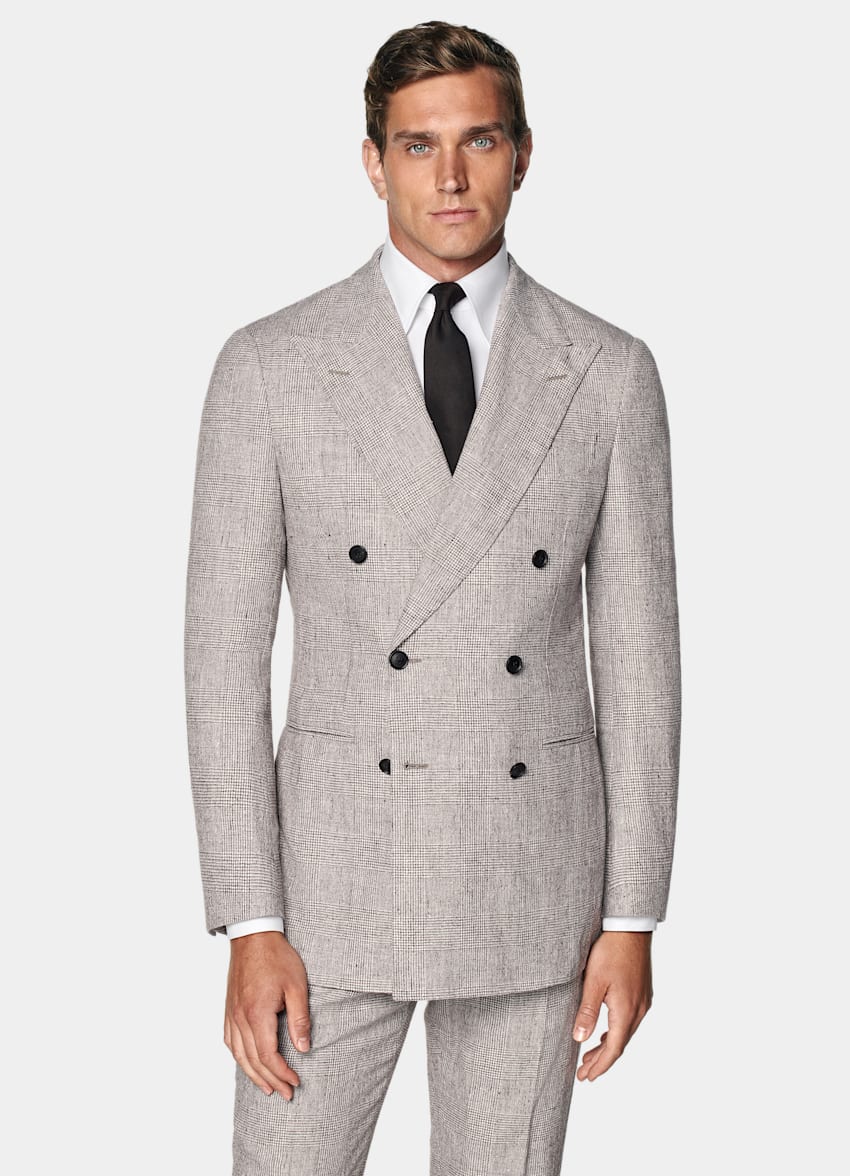 SUITSUPPLY Summer Linen Polyamide by Ferla, Italy Light Taupe Checked Tailored Fit Havana Suit