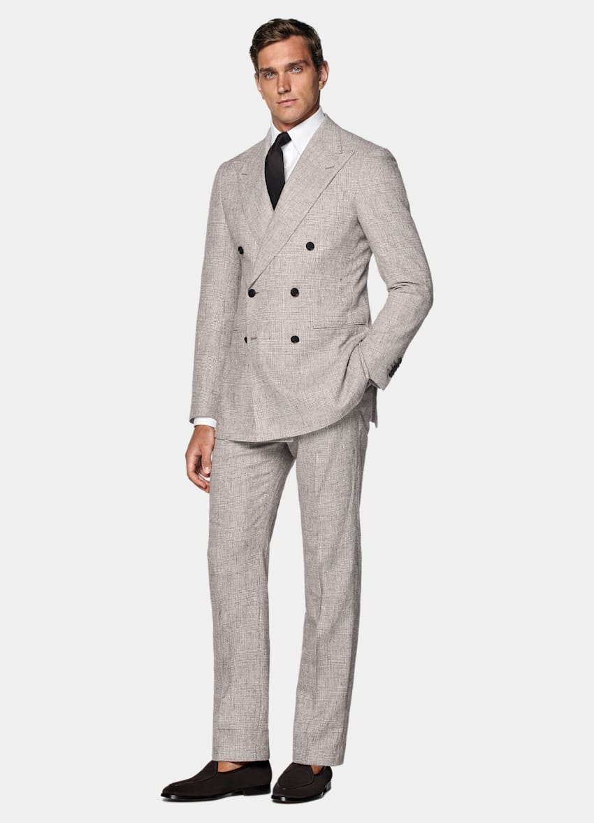 SUITSUPPLY Summer Linen Polyamide by Ferla, Italy Light Taupe Checked Tailored Fit Havana Suit