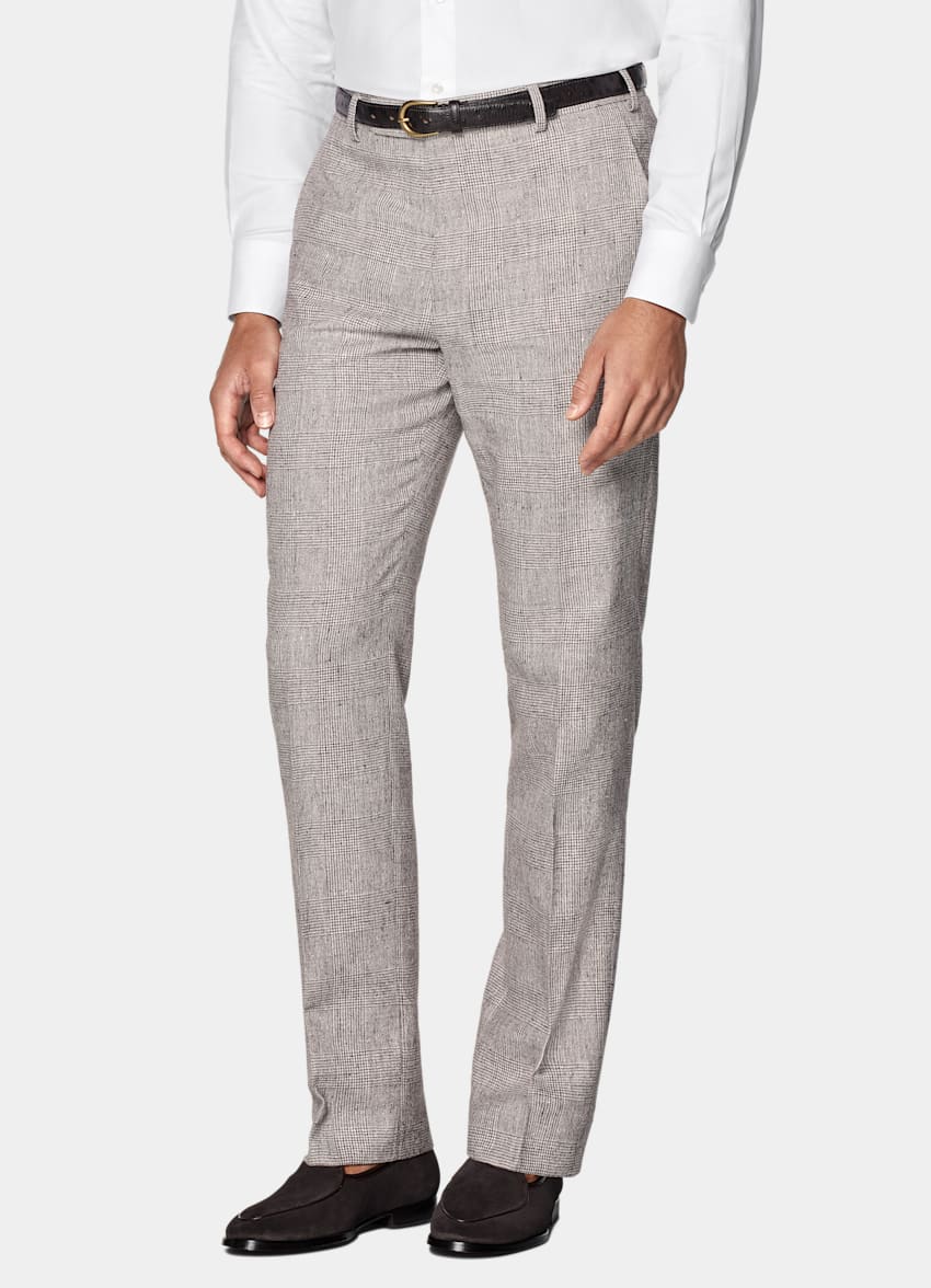 SUITSUPPLY Summer Linen Polyamide by Ferla, Italy Light Taupe Checked Tailored Fit Havana Suit