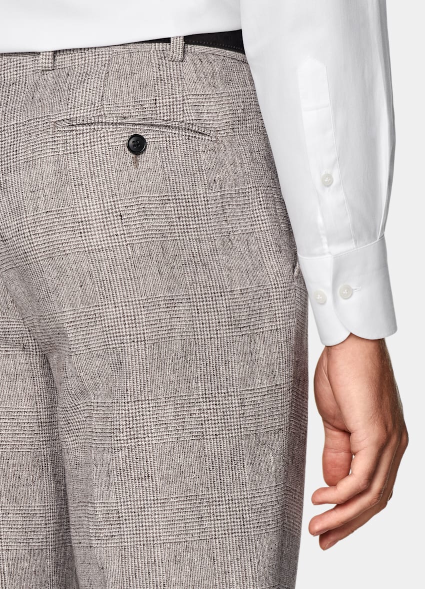 SUITSUPPLY Summer Linen Polyamide by Ferla, Italy Light Taupe Checked Tailored Fit Havana Suit