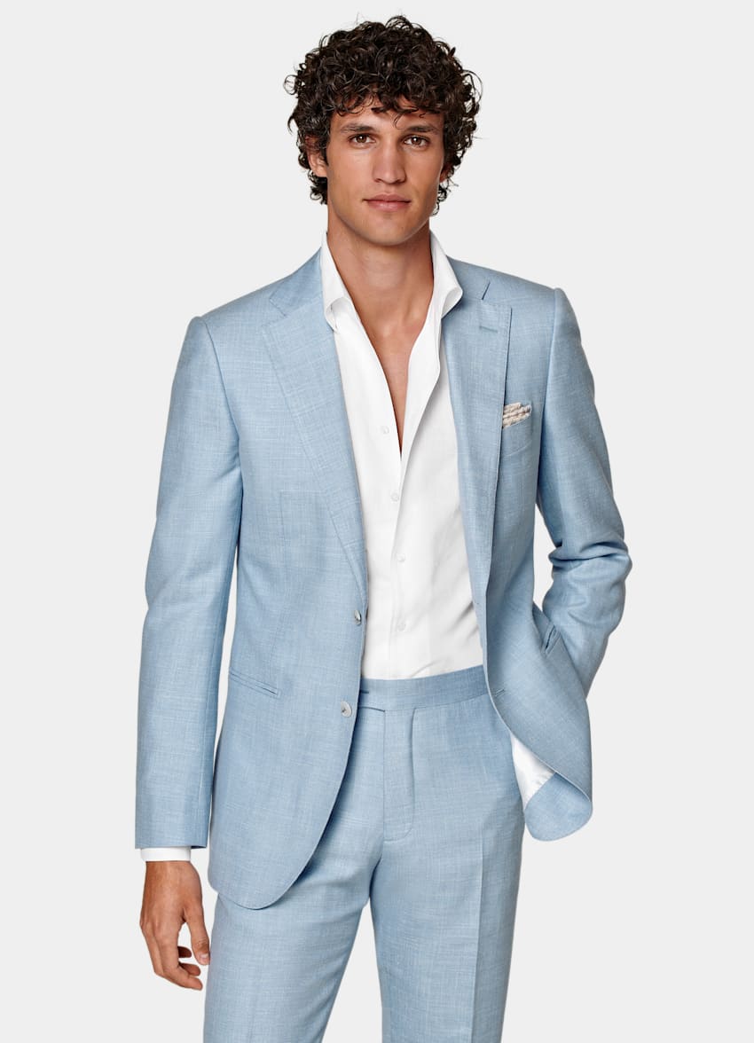 SUITSUPPLY 意大利 E.Thomas 生产的羊毛、丝绸、亚麻面料 Lazio 浅蓝色合体身型西装