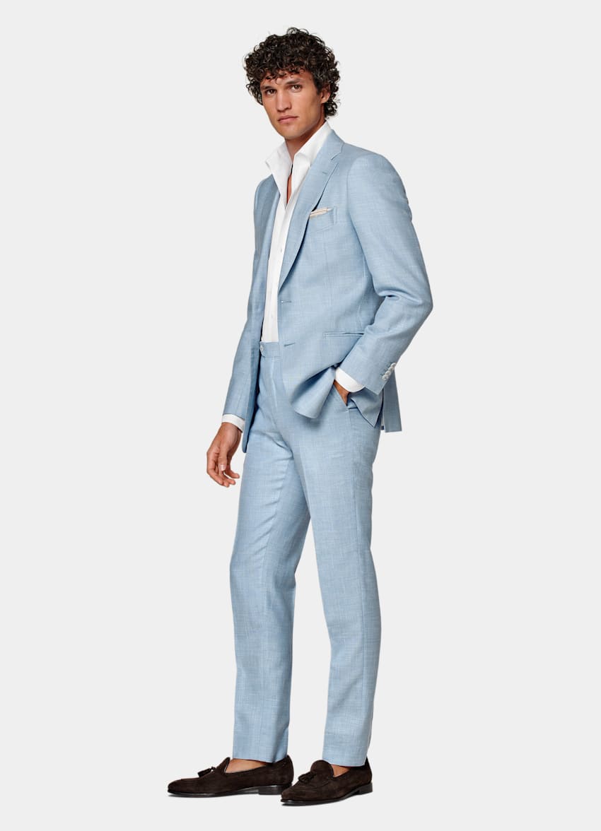 SUITSUPPLY Wool Silk Linen by E.Thomas, Italy Light Blue Tailored Fit Lazio Suit
