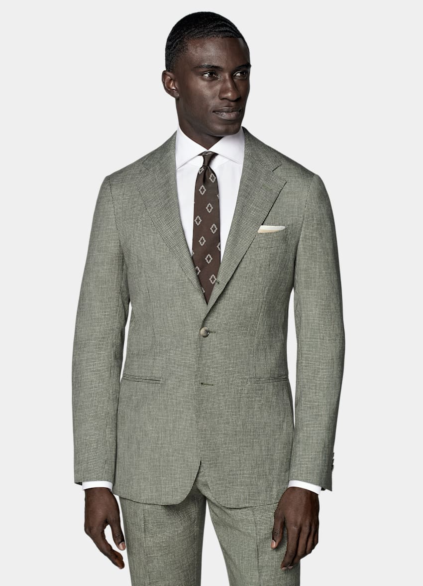 SUITSUPPLY Pure S120's Wool by Vitale Barberis Canonico, Italy Mid Green Houndstooth Perennial Havana Suit