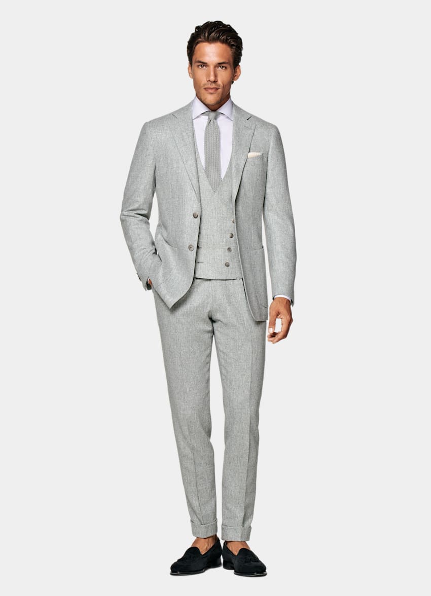 SUITSUPPLY Circular Wool Flannel by Vitale Barberis Canonico, Italy Light Grey Three-Piece Tailored Fit Havana Suit