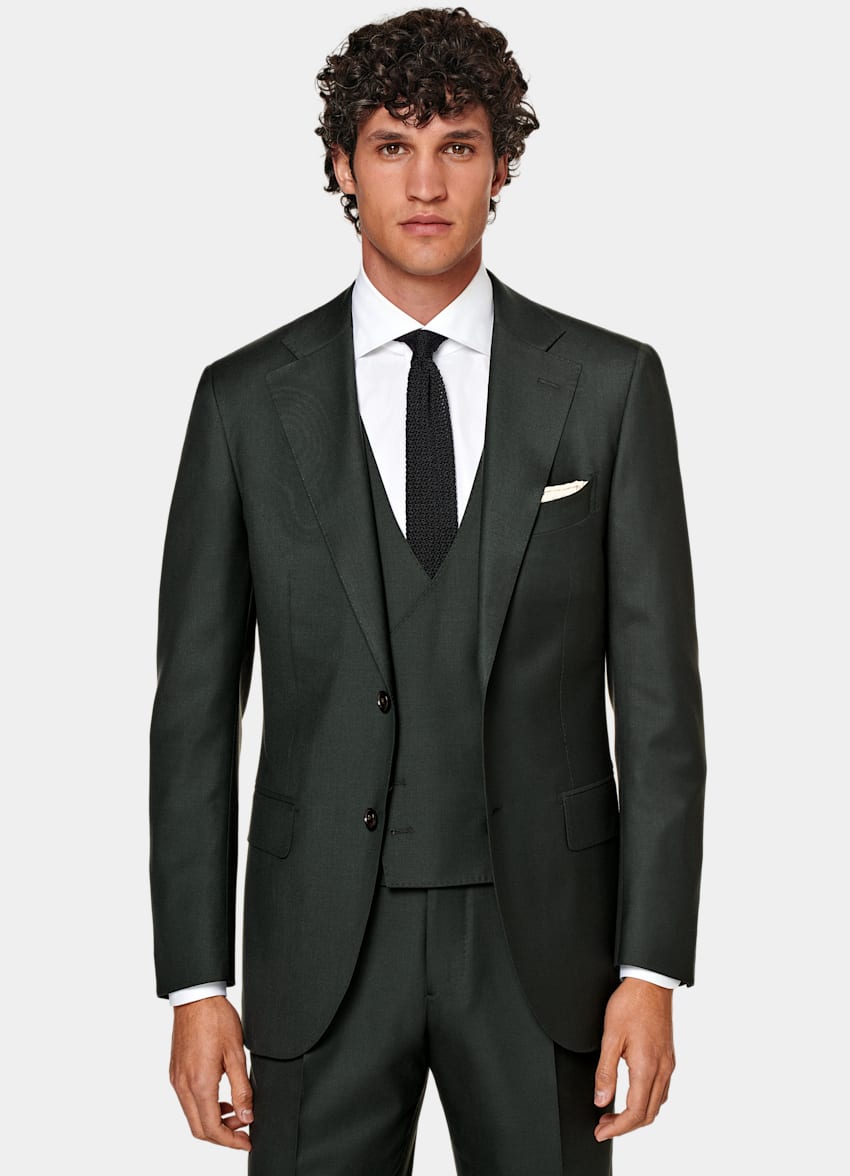 SUITSUPPLY All Season Pure S150's Wool by Vitale Barberis Canonico, Italy Dark Green Three-Piece Tailored Fit Lazio Suit