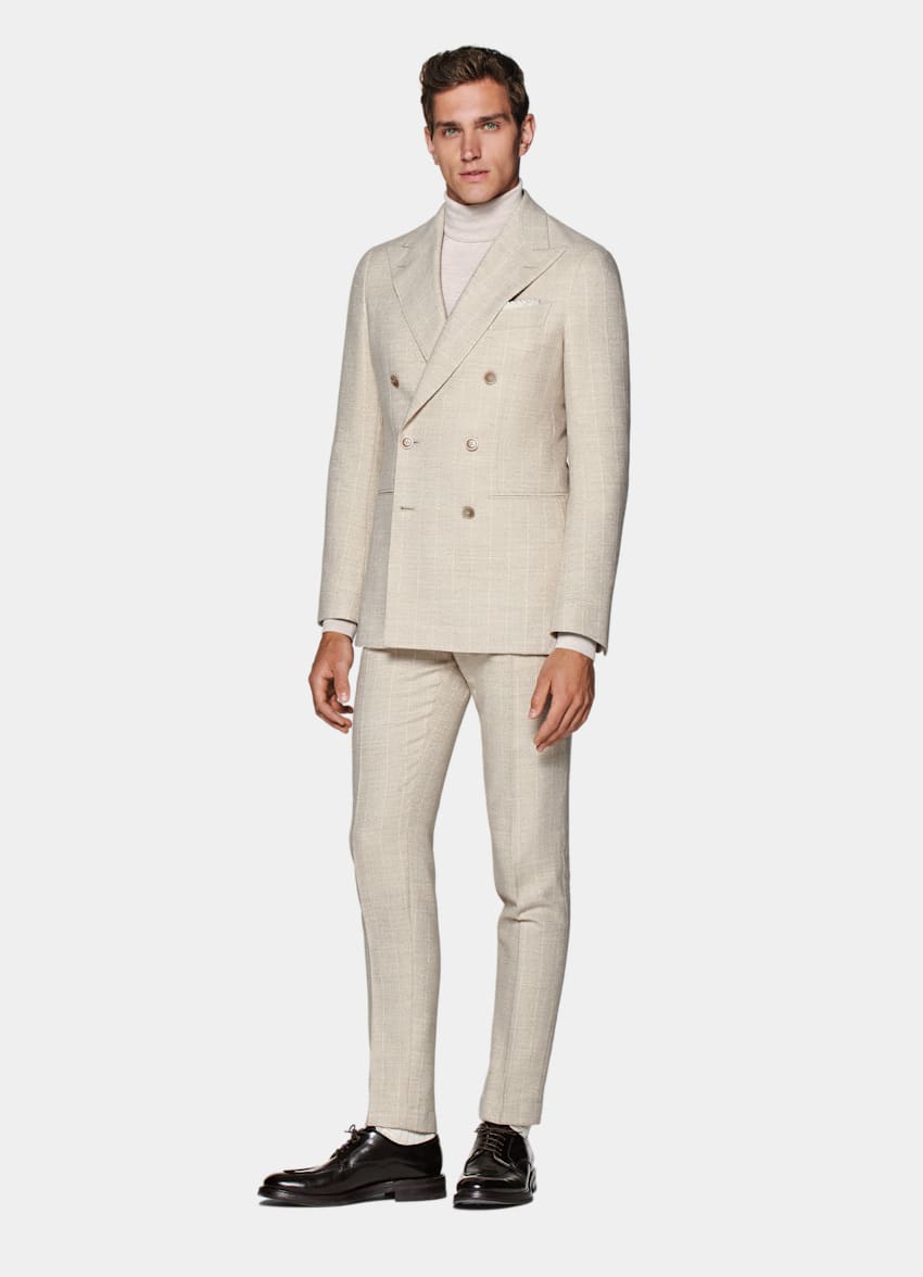 SUITSUPPLY Alpaca Linen Polyamide by Ferla, Italy Light Brown Striped Tailored Fit Havana Suit