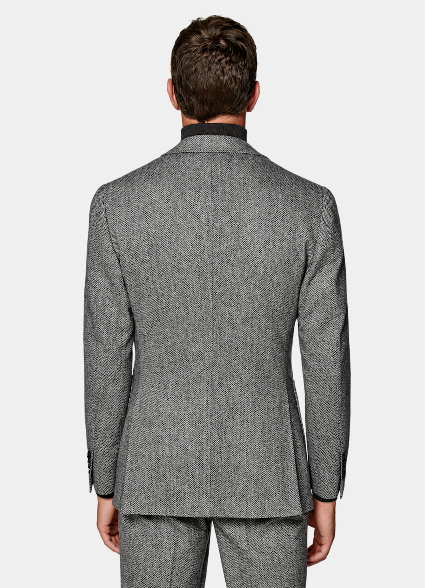 SUITSUPPLY Wool Cashmere by E.Thomas, Italy Mid Grey Herringbone Three-Piece Havana Suit
