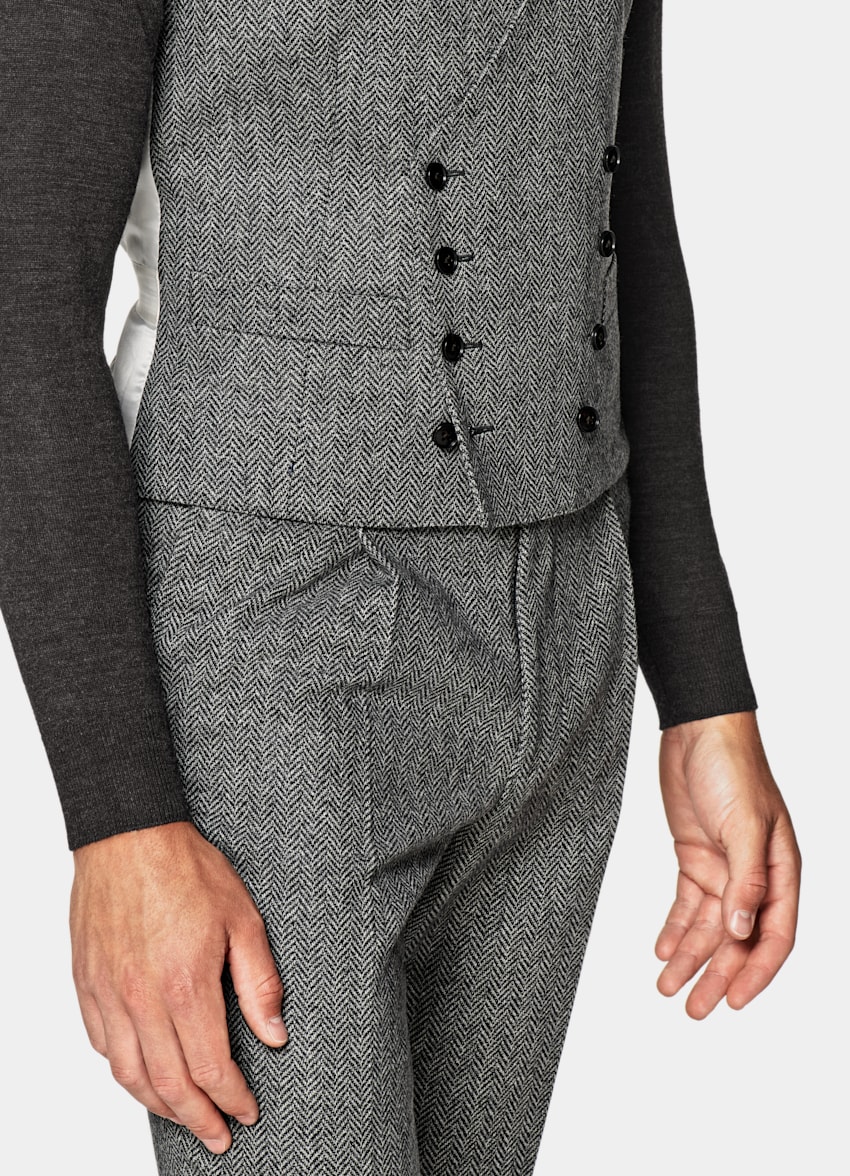 SUITSUPPLY Wool Cashmere by E.Thomas, Italy Mid Grey Herringbone Three-Piece Havana Suit