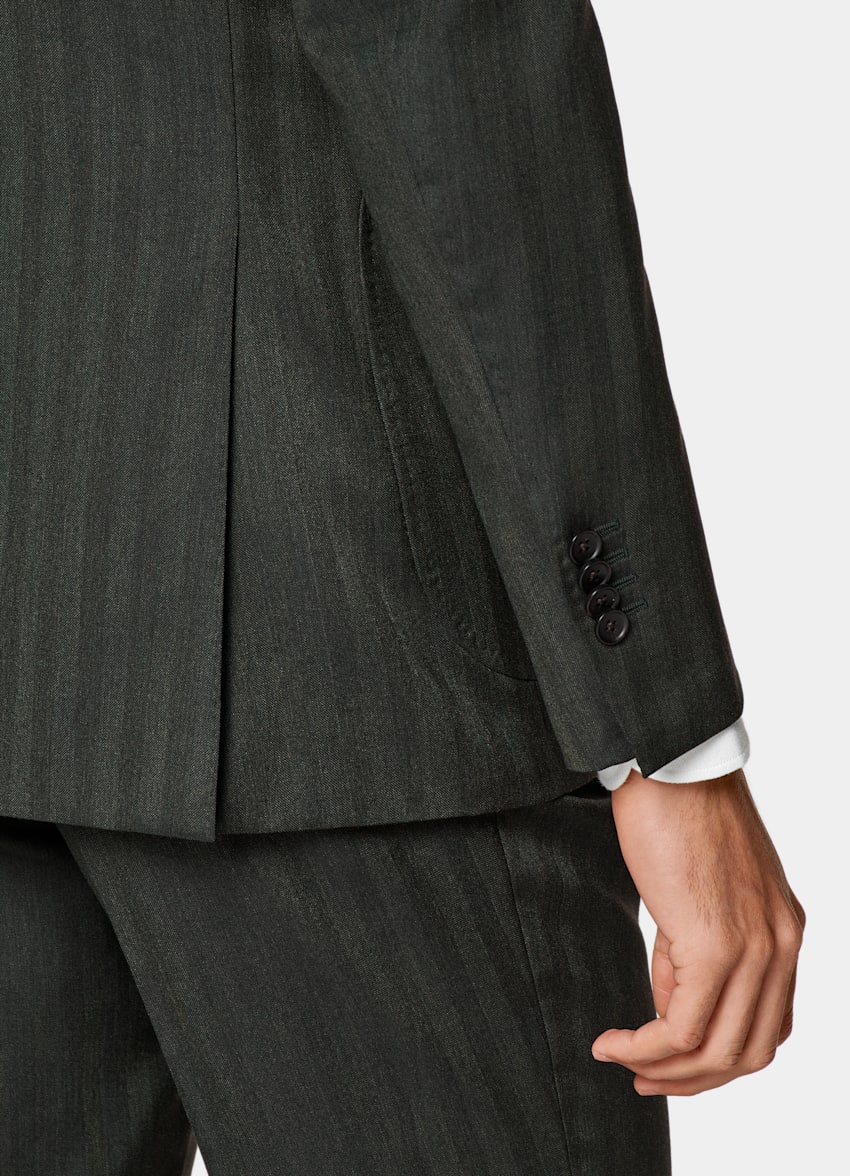 SUITSUPPLY Pure S130's Wool by Drago, Italy Dark Green Herringbone Perennial Havana Suit