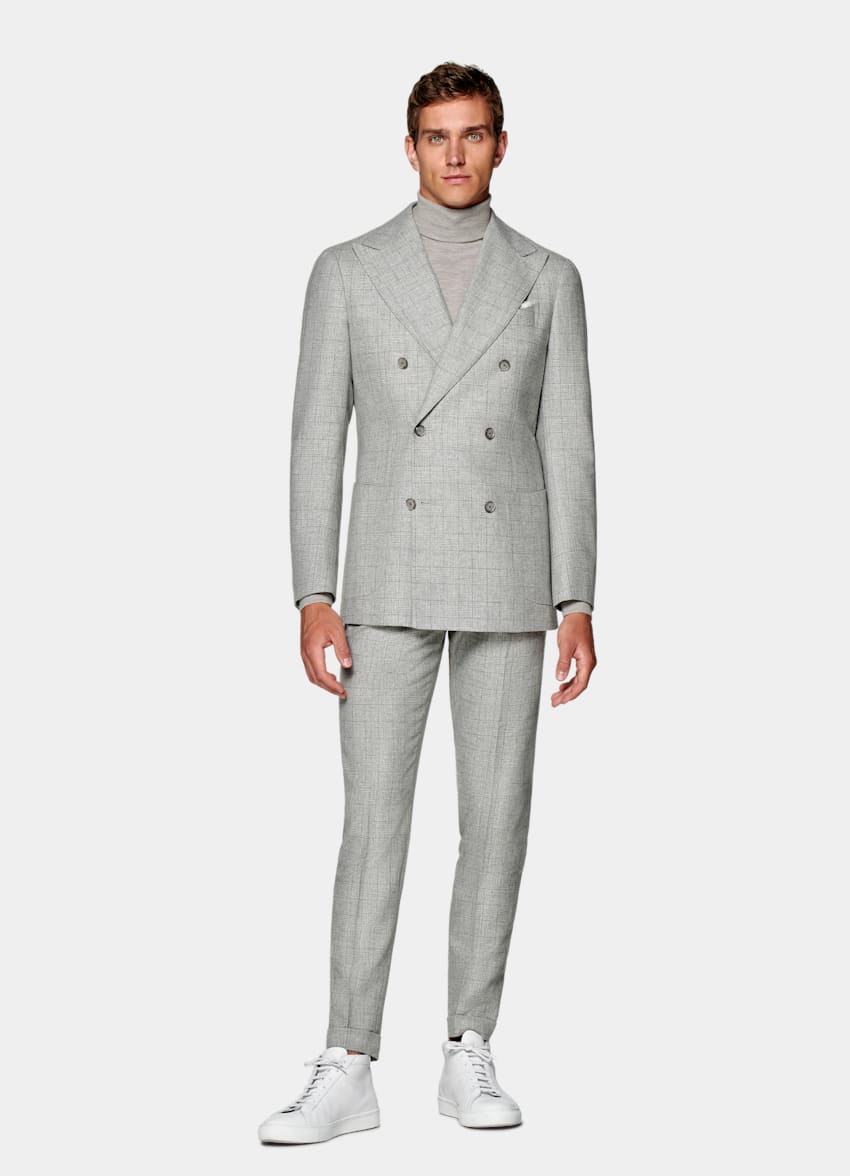 SUITSUPPLY Wool Cashmere by Carlo Barbera, Italy Light Grey Checked Havana Suit