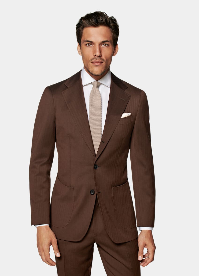 SUITSUPPLY Pure S130's Wool Solaro by Carlo Barbera, Italy Dark Brown Herringbone Havana Suit