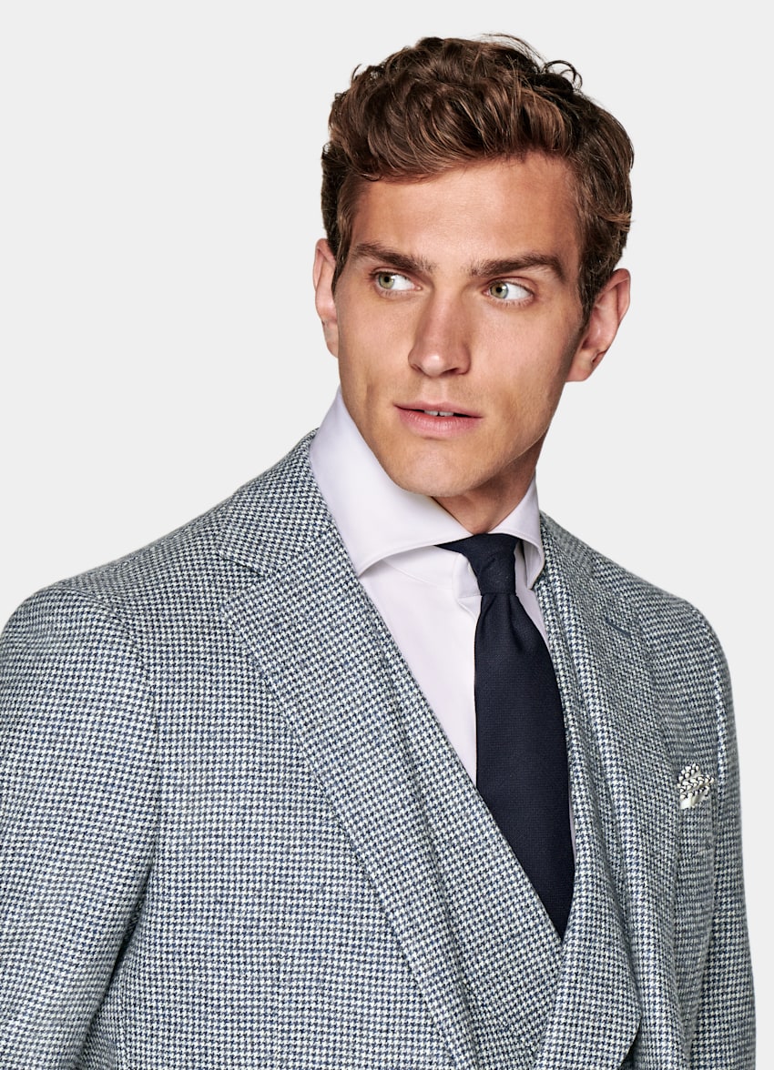 SUITSUPPLY Pure Wool by Angelico, Italy Light Blue Houndstooth Three-Piece Havana Suit